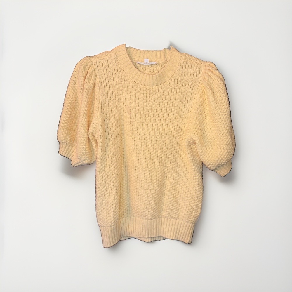 Women's XS Yellow Cottagecore Puff Sleeve Waffle Knit Casual Sweater